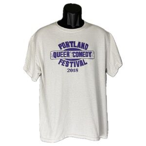 Portland Queer Comedy Festival 2018 Volunteer White Graphic 2-Sided T-Shirt Sz L